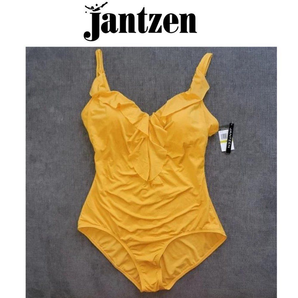 🆕️Jantzen Women's One-piece ruffle cascade front yellow marigold Sz 8